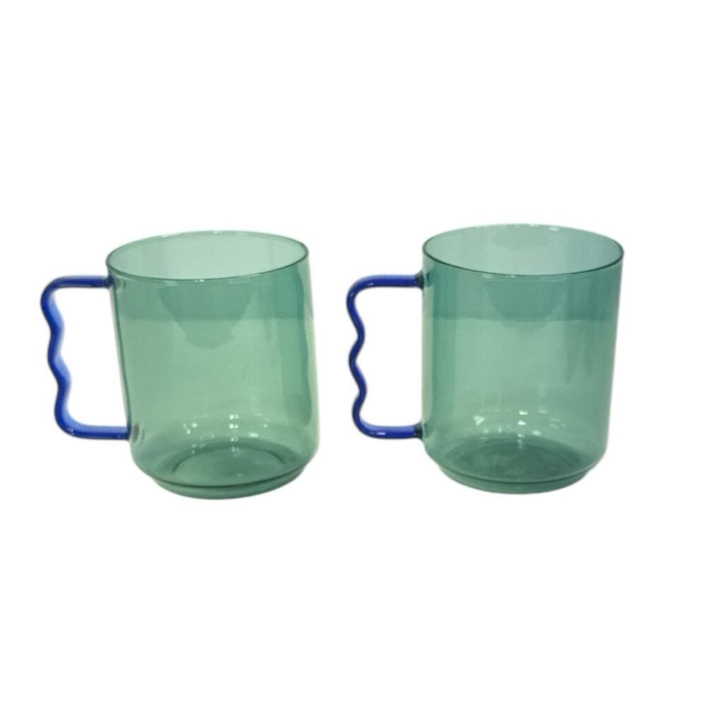 Room Essentials Glass Mugs Blue Green wavy Handle retro modern Set of 2